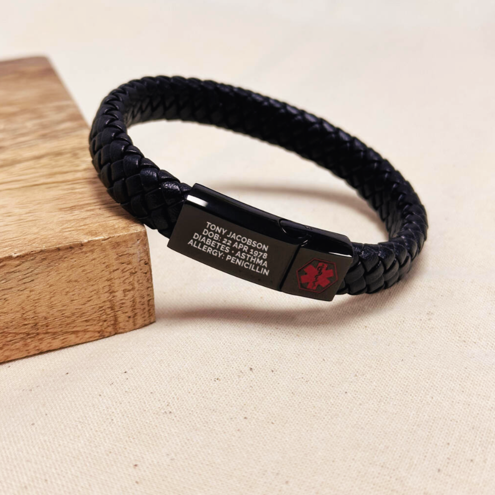 Personalised Men's Woven Leather Medical Bracelet