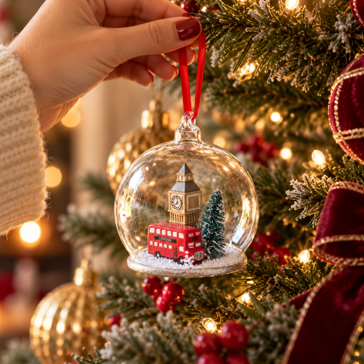 Personalised London Scene Glass Dome Christmas Bauble