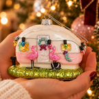 Pink Flamingo Caravan Glass Christmas Bauble