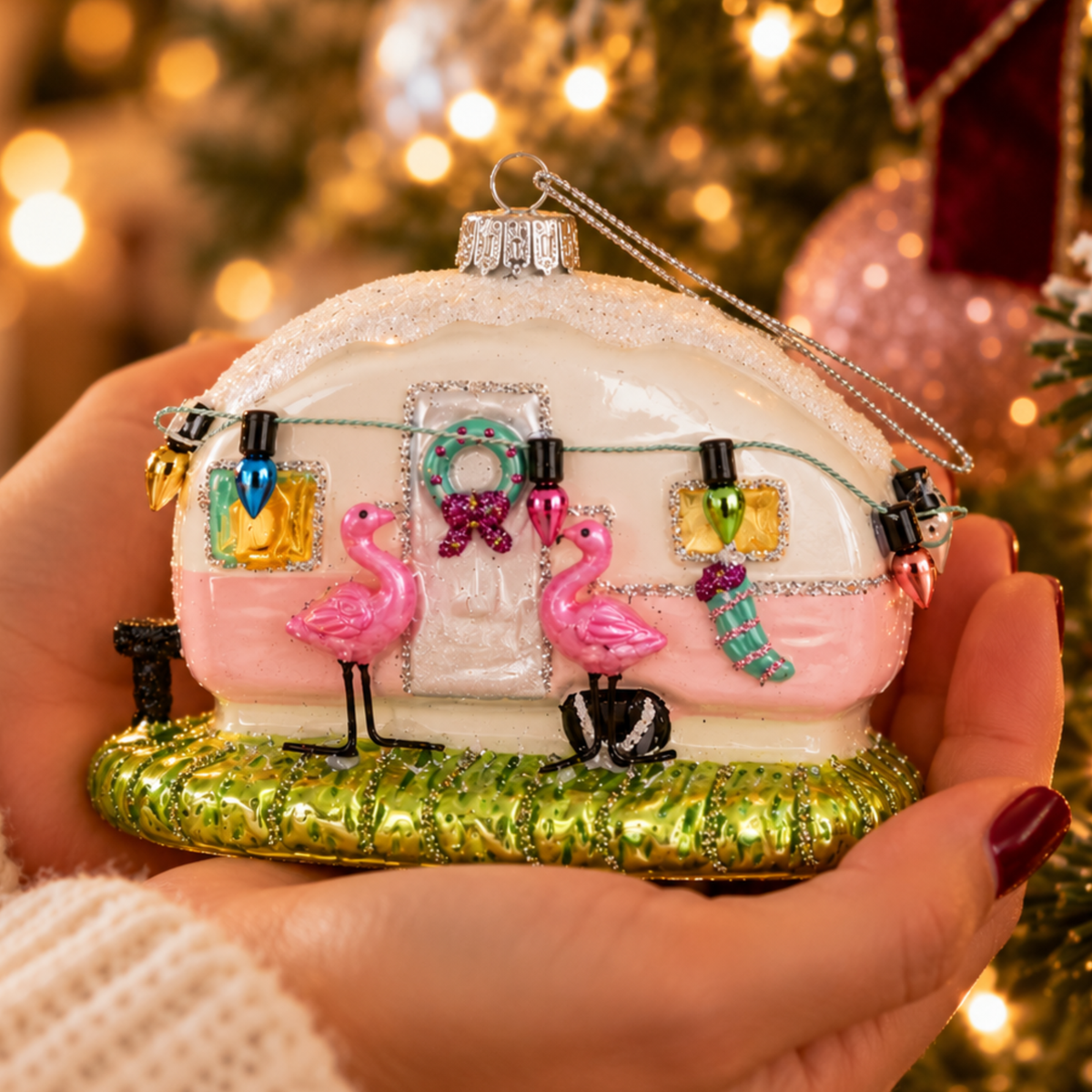 Pink Flamingo Caravan Glass Christmas Bauble