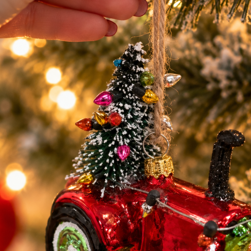 Red Tractor With Christmas Tree Glass Bauble