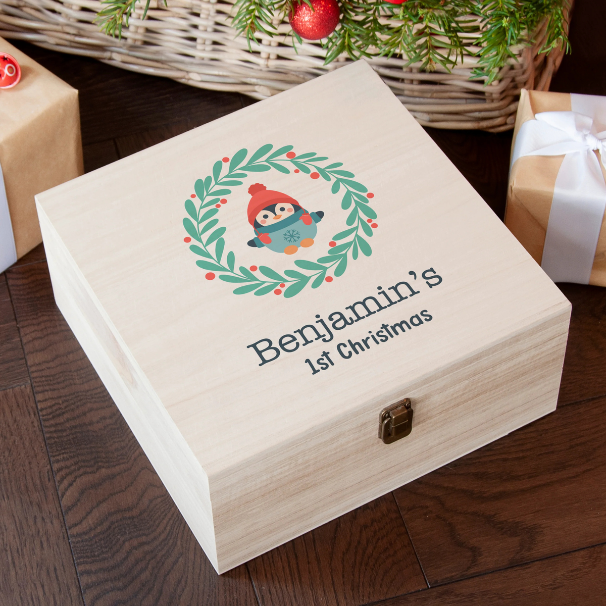 Personalised Penguin Wreath Baby's First Christmas Eve Box