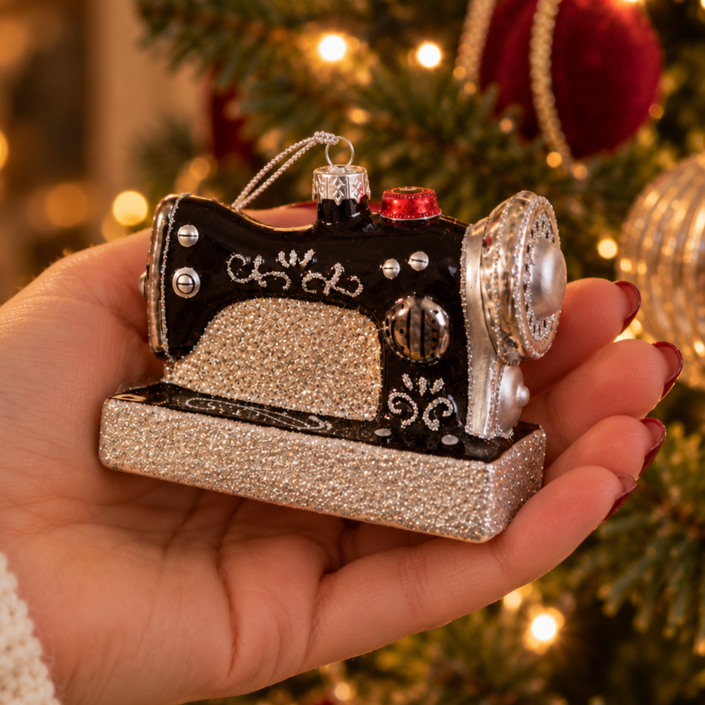 Sparkly Retro Sewing Machine Glass Christmas Bauble