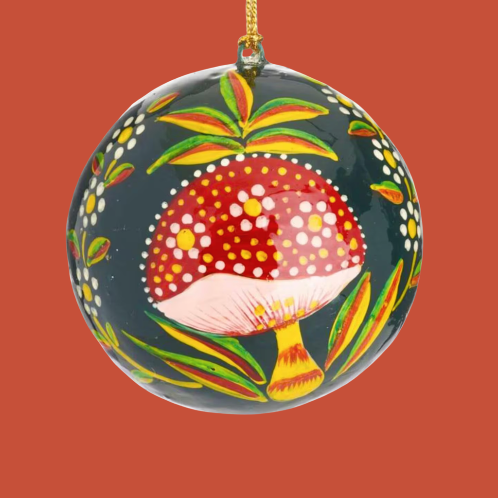 Hand Painted Mushroom Papier-Mâché Christmas Bauble