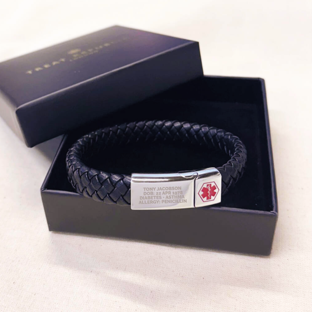 Personalised Men's Woven Leather Medical Bracelet