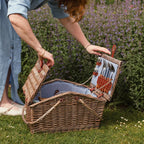 Deluxe Wicker Blue Gingham Lining Four Person Picnic Basket