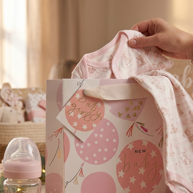 A baby gift set arranged on a table in a softly lit room, featuring a pink patterned gift bag, a folded pale pink baby outfit being held by a hand, a baby bottle, a teddy bear, pink flowers, and a wooden box with 'baby girl' lettering. A person is blurred in the background.
