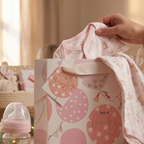 A baby gift set arranged on a table in a softly lit room, featuring a pink patterned gift bag, a folded pale pink baby outfit being held by a hand, a baby bottle, a teddy bear, pink flowers, and a wooden box with 'baby girl' lettering. A person is blurred in the background.