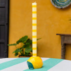 Three Lemon Stripe Dinner Candles on white background showing the cream and yellow stripe design