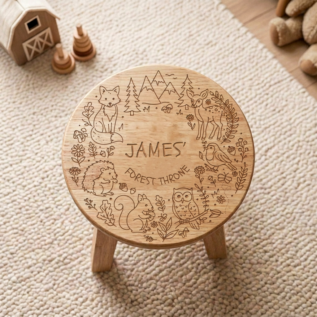 Personalised Woodland Wooden Stool on white background showing the detailed woodland creature engraving with fox deer owl squirrel hedgehog and robin surrounding the name James