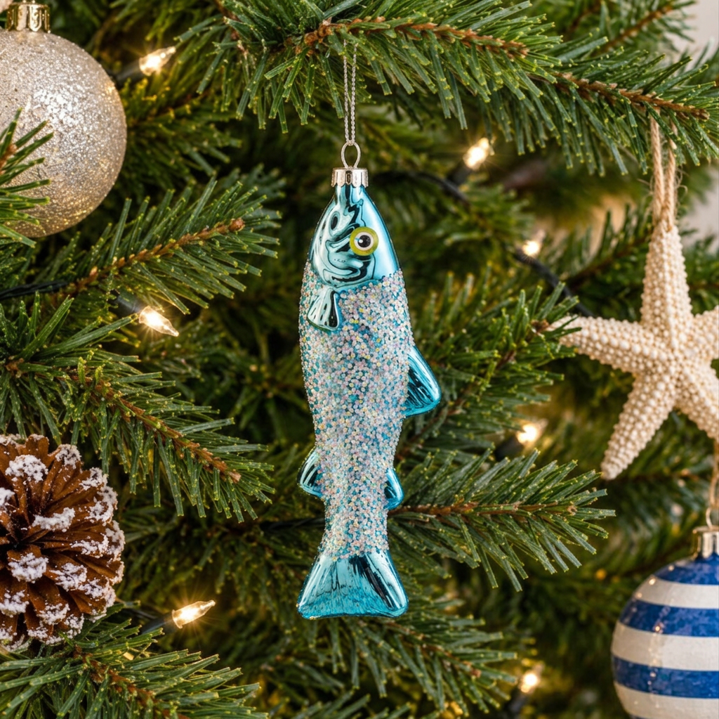 Personalised Sardine Christmas Bauble hanging on a Christmas tree showing the full iridescent glitter sardine glass decoration with silver hanging loop and personalised wooden tag