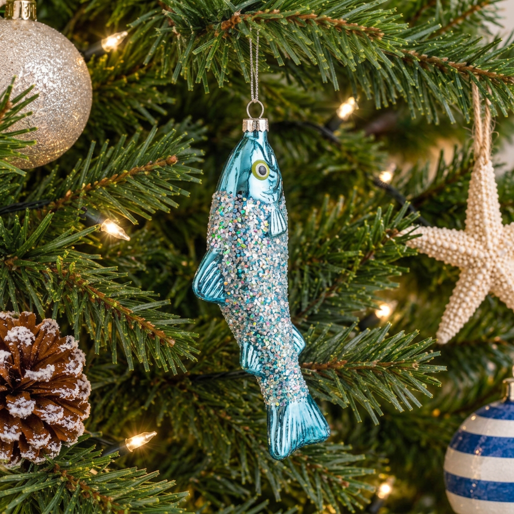 Personalised Sardine Christmas Bauble on Christmas tree from a side angle showing the shimmering metallic blue glass finish and iridescent glitter detail of the sardine decoration