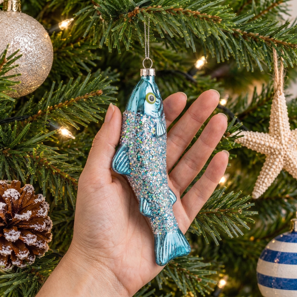 Personalised Sardine Christmas Bauble held in a hand beside a Christmas tree showing the actual size of the glass sardine decoration at approximately 16cm tall