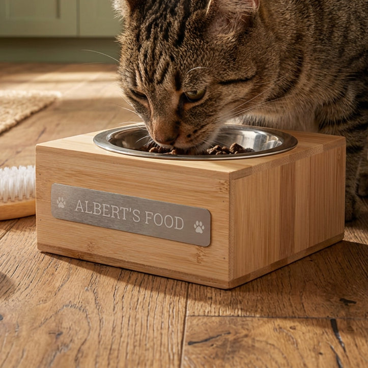 A brown tabby cat eating from a square wooden pet food bowl with a stainless steel bowl on top, placed on a wooden floor in a home setting. The front of the wooden bowl has a silver plaque engraved with 'ALBERT'S FOOD'.