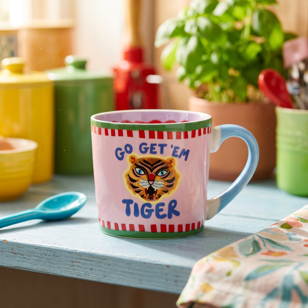 Go Get Em Tiger mug styled on a light blue wooden shelf in a close-up studio shot