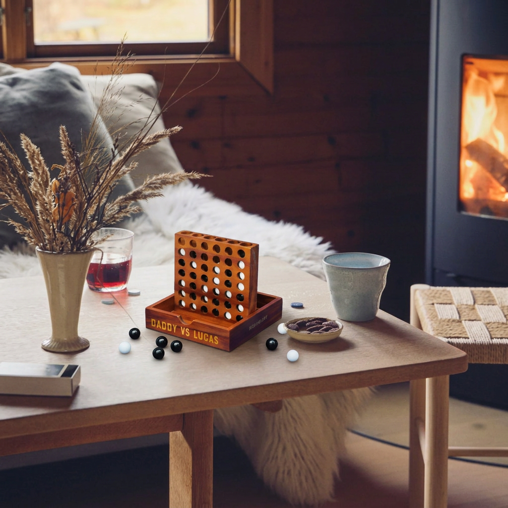 Personalised wooden Travel Four In A Row game displayed on a coffee table in a cosy home