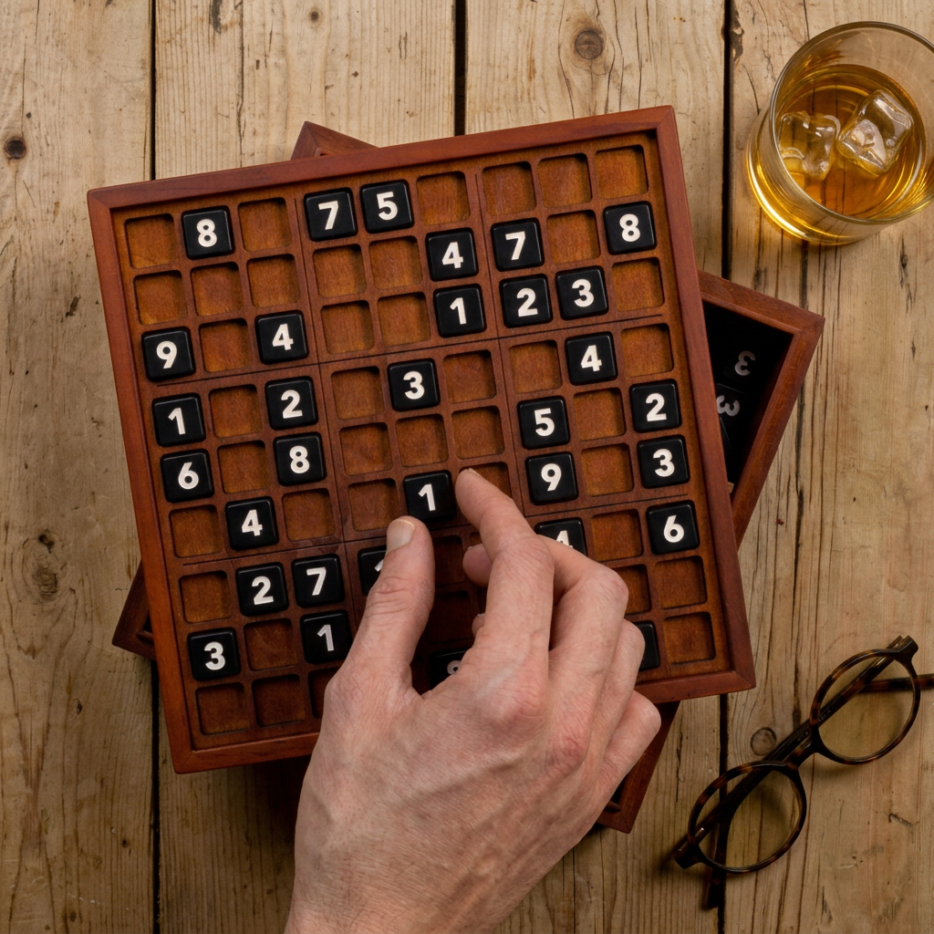 Person placing a numbered tile on a personalised wooden Sudoku game