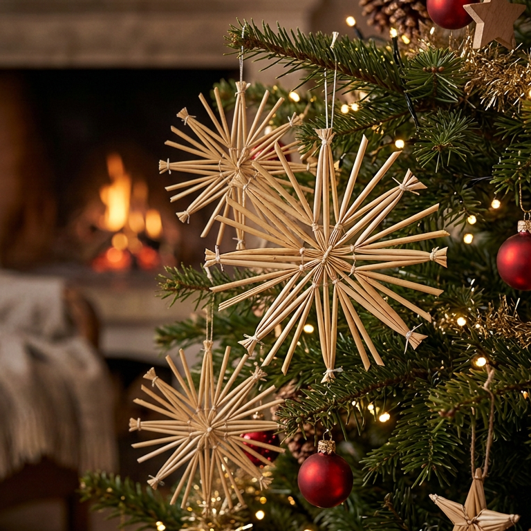 Natural wood starburst Christmas tree ornaments hanging on a decorated Christmas tree in a cozy living room with a burning fireplace in the background.