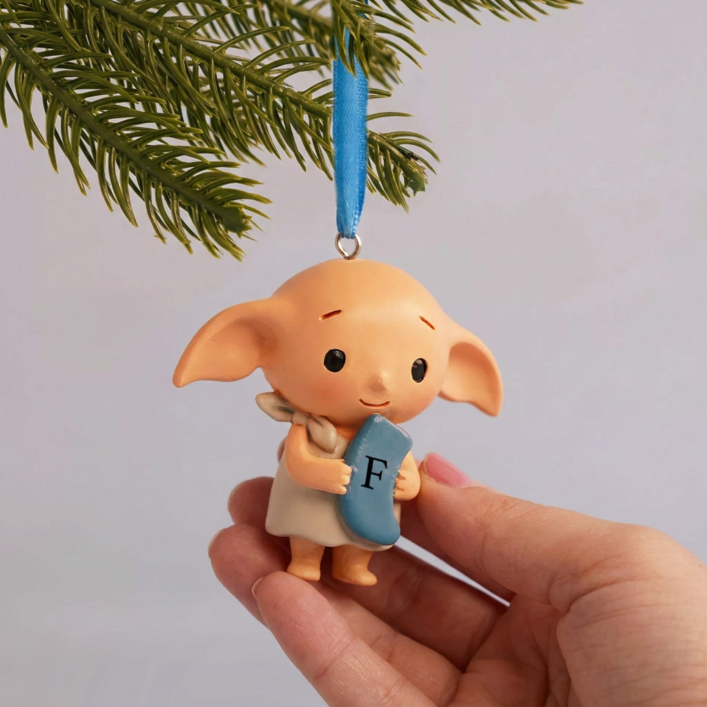 Hand holding the personalised Dobby decoration with a letter F sock beneath a pine branch