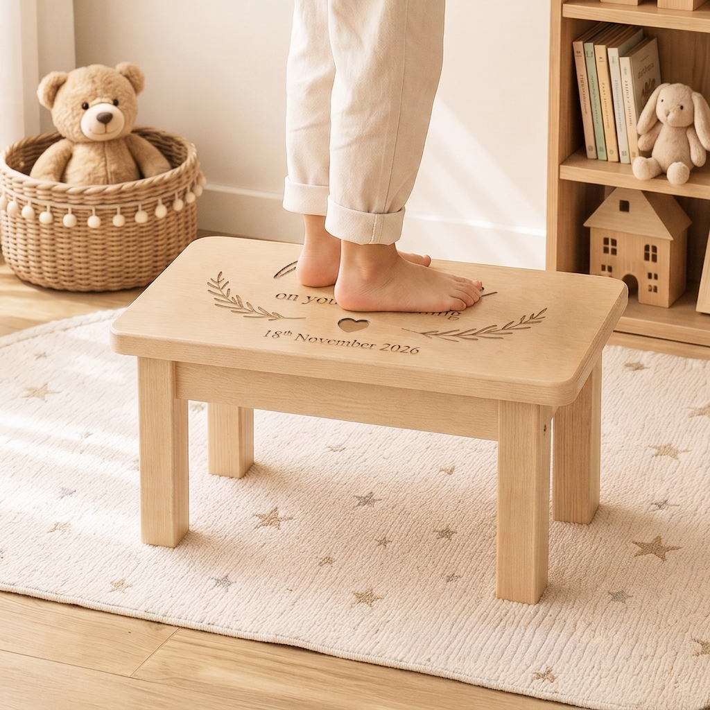 Personalised Christening Stool styled in a nursery on a star rug showing name Daisy on your baptism and date 06.09.26 laser engraved on the top