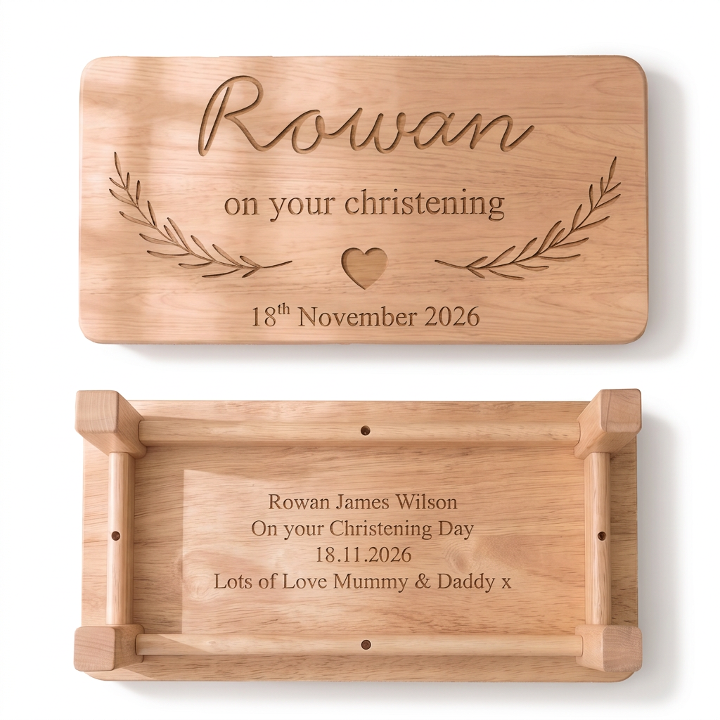 Top down flat lay of Personalised Christening Stool showing the full laurel wreath heart and name engraving on natural finish rubber wood