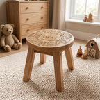 Personalised Woodland Wooden Stool styled in a nursery with name Luca's Forest Throne engraved on the round seat top beside a chest of drawers and teddy bear