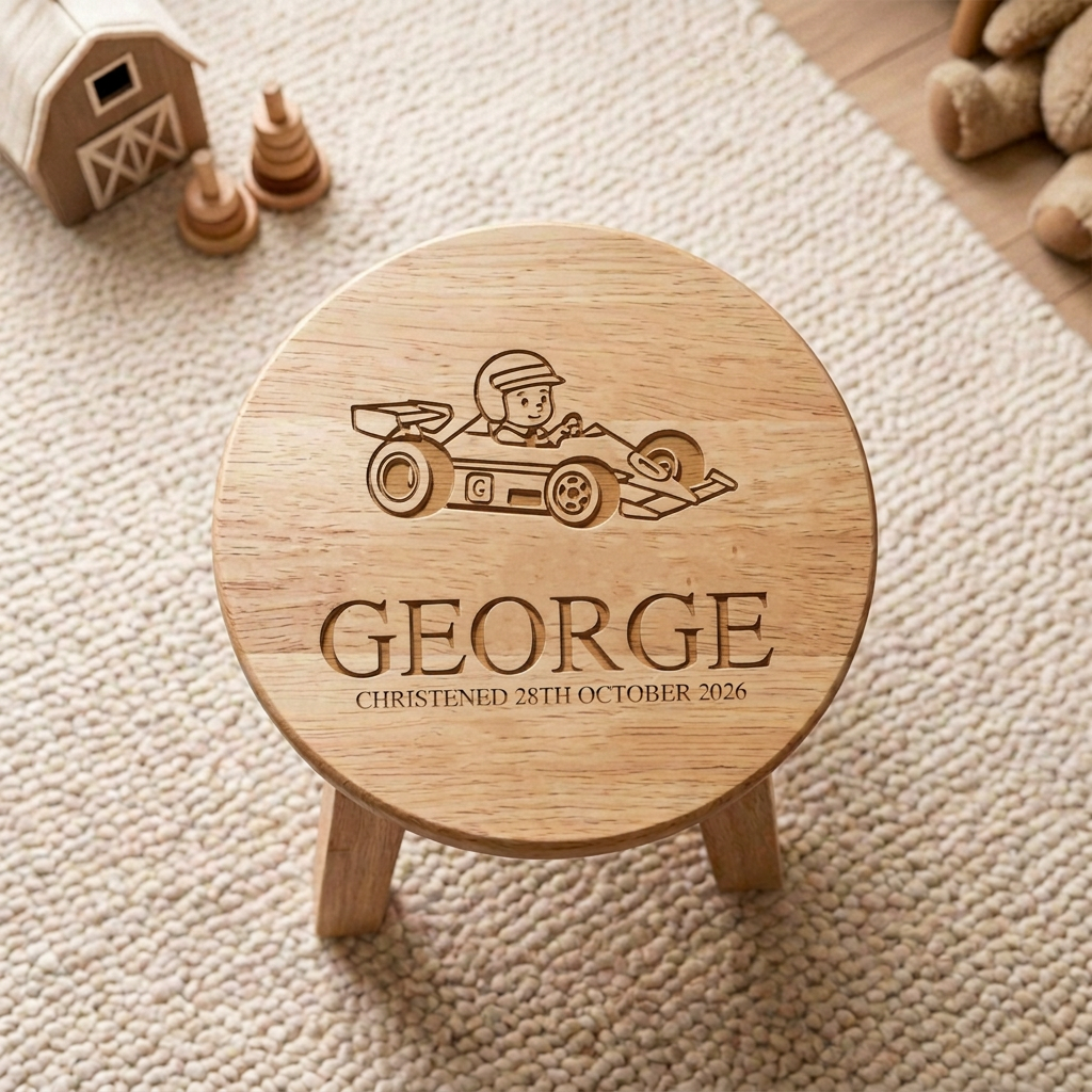 Top down view of Personalised Racing Car Wooden Stool showing name George and christening date laser engraved below the detailed racing car driver illustration