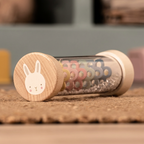 Personalised wooden bunny rainmaker sensory toy with pastel shapes and beads