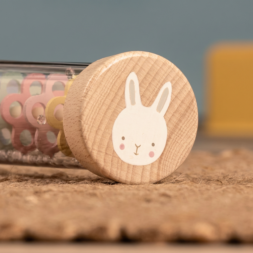 Child holding a personalised wooden bunny rainmaker sensory toy