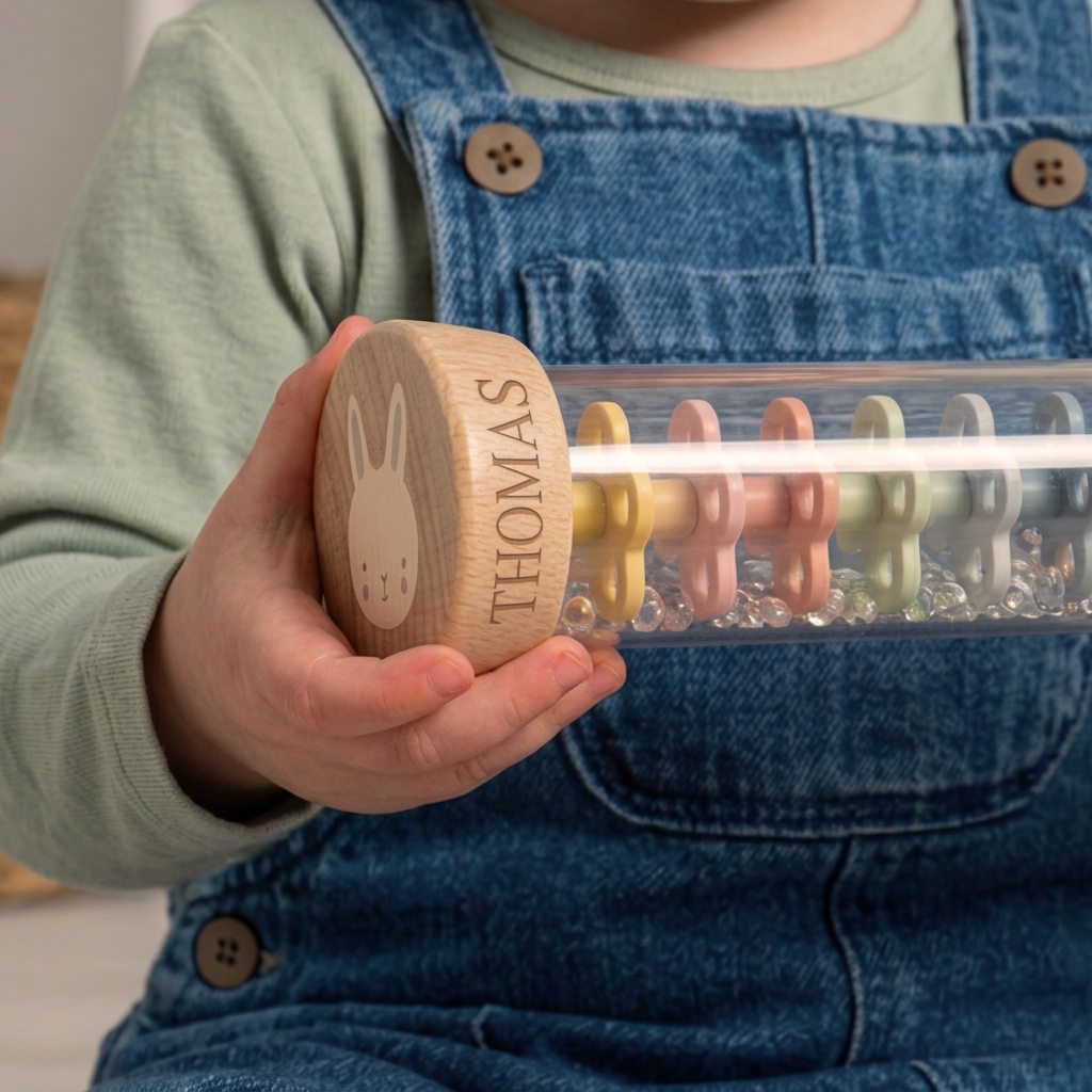 Personalised wooden bunny rainmaker engraved with a child’s name