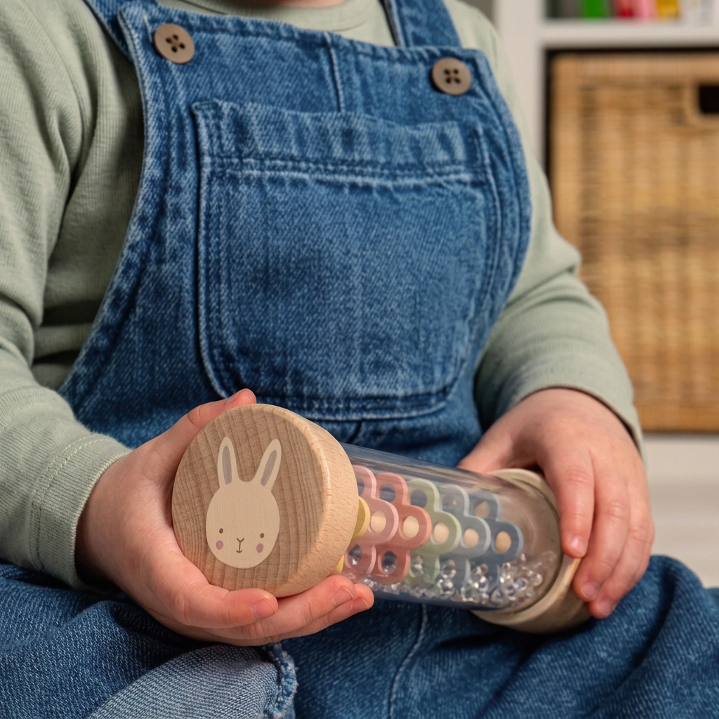 Child holding a personalised bunny rainmaker sensory toy upright