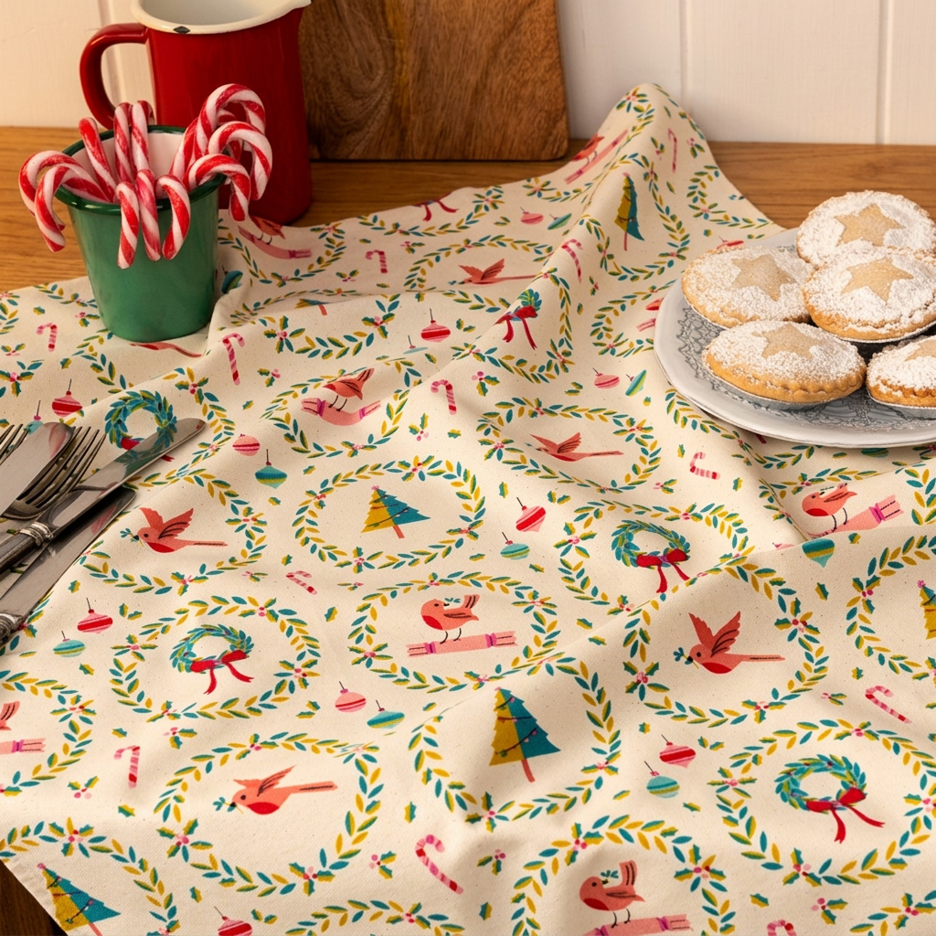 Christmas cotton tea towel spread on a kitchen table with candy canes and festive baking