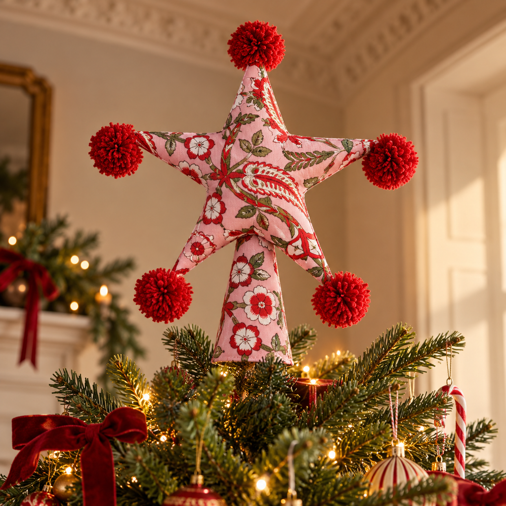 Two Sided Pom Pom Padded Fabric Star Tree Topper
