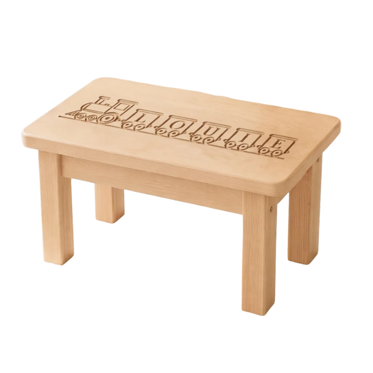 A small rectangular wooden stool or bench with four legs, featuring a laser-engraved decorative design on the top surface, shown on a white background.