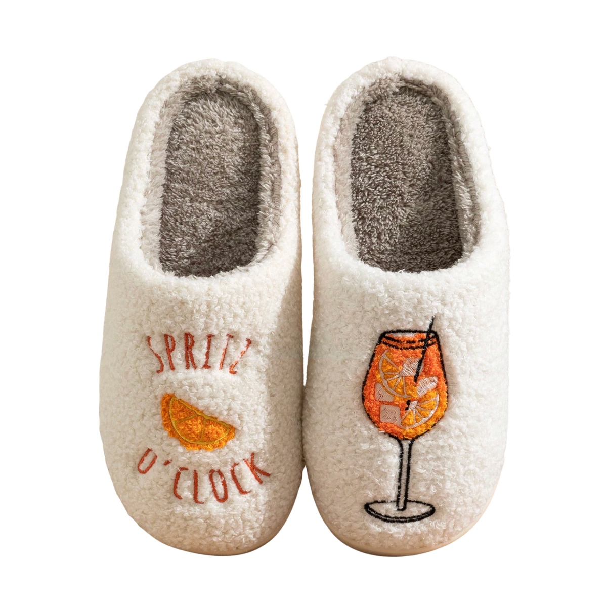 Cream and orange Spritz O’Clock slippers with embroidered citrus slice and cocktail glass