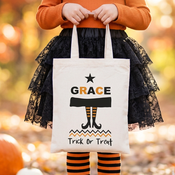 A child stands outdoors in a fall yard holding a white tote bag printed with the word GRACE and a piano keys graphic with legs. The child wears an orange top, black lace skirt, and orange-and-black striped tights, with pumpkins and fallen leaves around them.