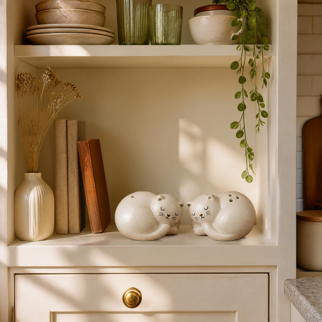 Two cream-colored ceramic cat figurines sitting side by side on a shelf in a warm, sunlit room with books, a vase, and green glassware in the background.