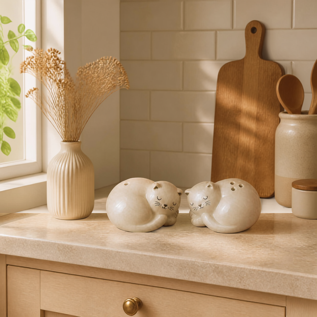 Two cream-colored ceramic cat-shaped salt and pepper shakers resting on a light beige kitchen countertop, with a matching ribbed vase of dried grasses, wooden cutting board, and utensils in the background.