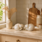 Two cream-colored ceramic cat-shaped salt and pepper shakers resting on a light beige kitchen countertop, with a matching ribbed vase of dried grasses, wooden cutting board, and utensils in the background.