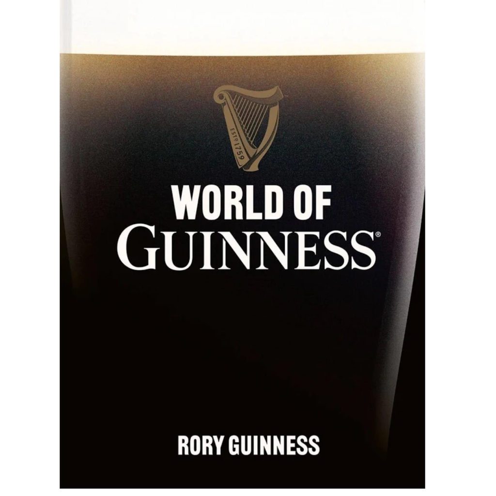 A book cover for 'World of Guinness' by Rory Guinness, featuring a dark pint of Guinness with a golden harp logo and white text on a black background.