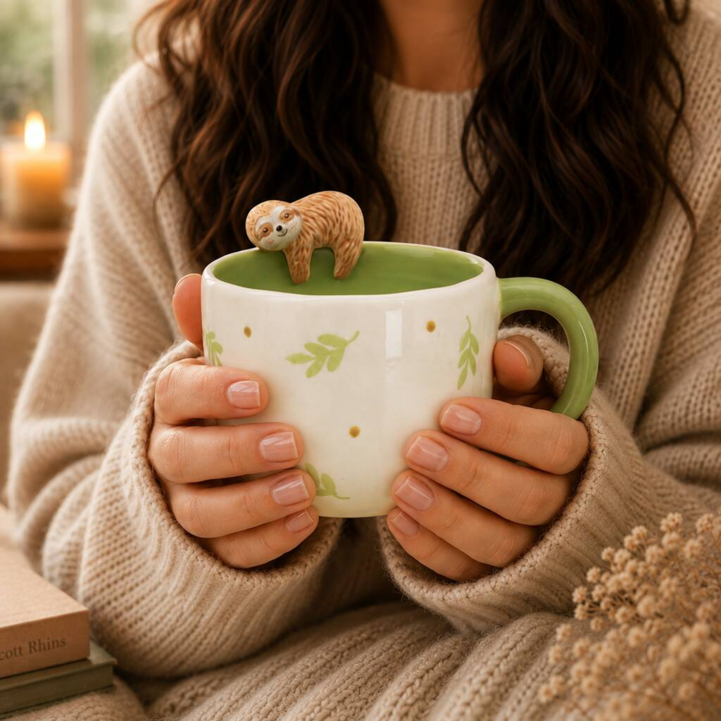 A person in a beige knit sweater holds a ceramic mug with a green handle and green interior. The mug is white with small green leaf motifs and gold dots, and a small sloth figurine sits on top.