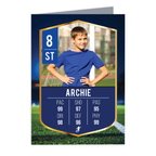 A custom soccer player rating card or greeting card featuring a photo of a young boy in a blue shirt on a field, styled like a sports player card with gold borders and stats.