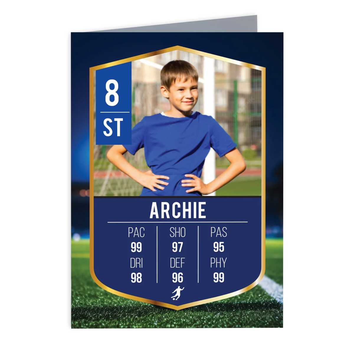 A custom soccer player rating card or greeting card featuring a photo of a young boy in a blue shirt on a field, styled like a sports player card with gold borders and stats.