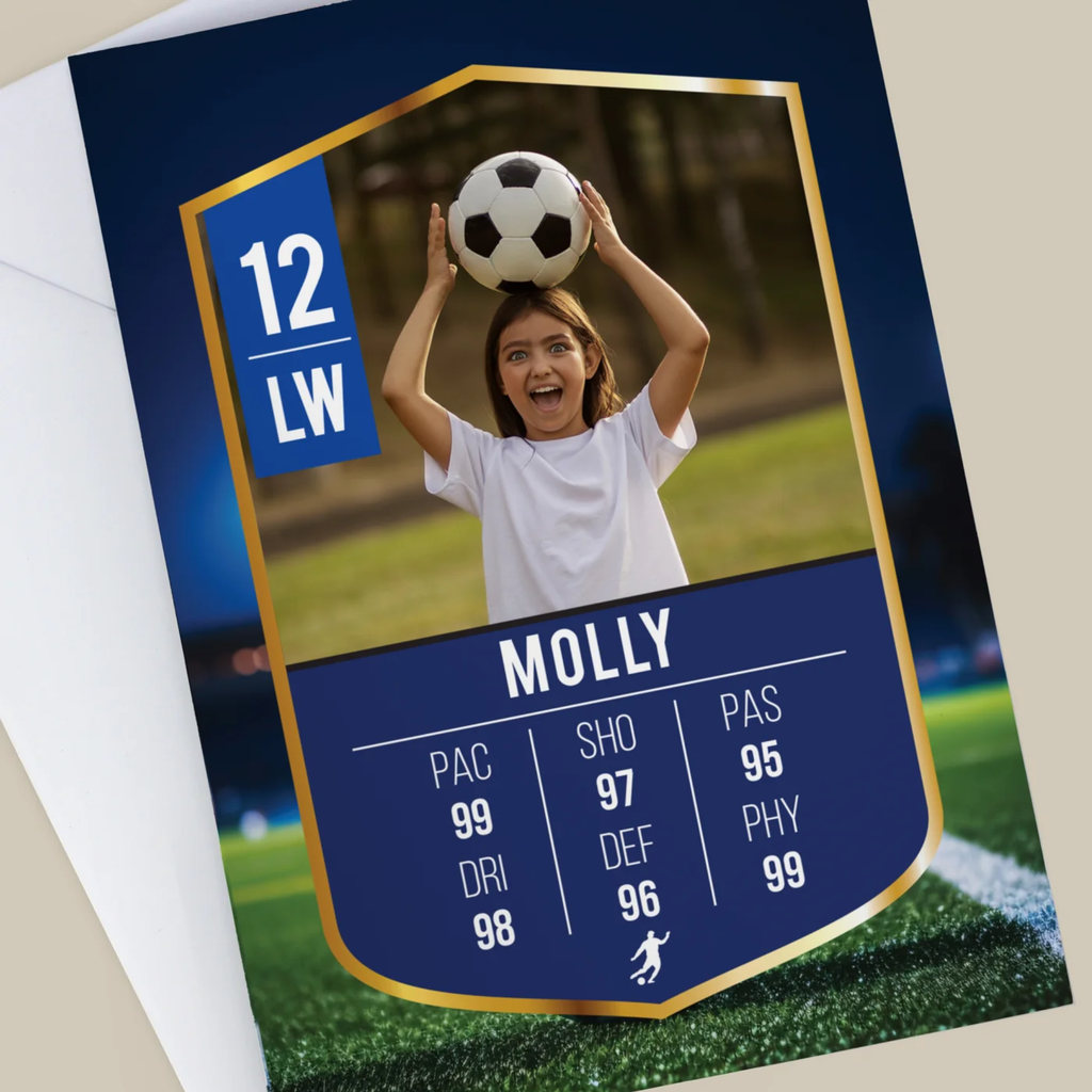 Soccer trading card featuring a player holding a ball with stats on a grass field background