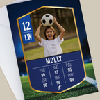 Soccer trading card featuring a player holding a ball with stats on a grass field background