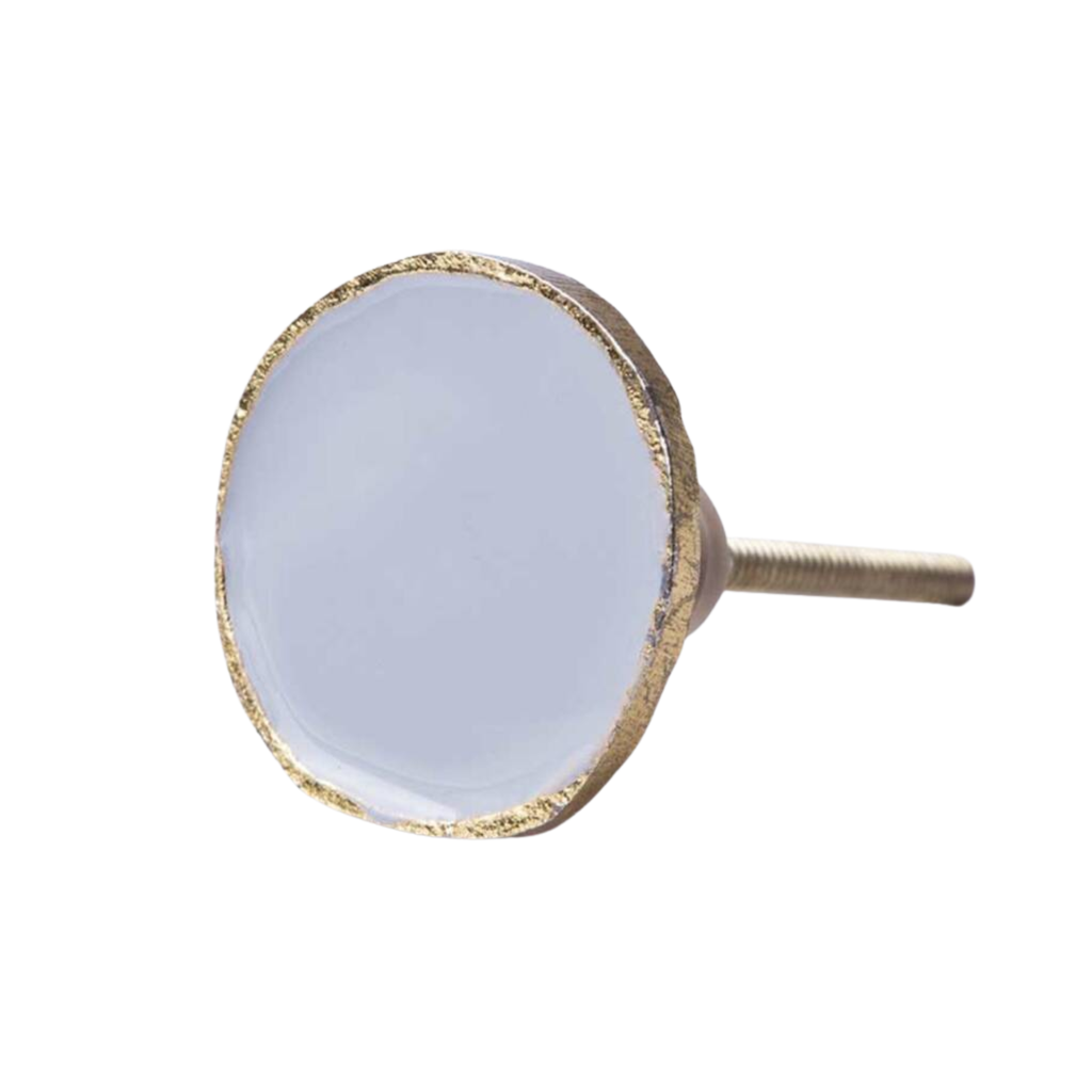 A round cabinet knob with a pale blue-gray stone face and a textured gold metallic rim, featuring a threaded gold metal stem on a plain white background.
