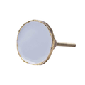 A round cabinet knob with a pale blue-gray stone face and a textured gold metallic rim, featuring a threaded gold metal stem on a plain white background.