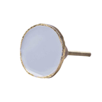 A round cabinet knob with a pale blue-gray stone face and a textured gold metallic rim, featuring a threaded gold metal stem on a plain white background.