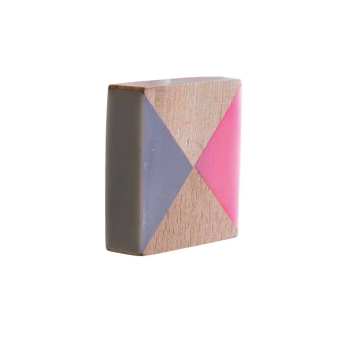 A square wooden block toy with a geometric design, featuring a natural wood grain surface divided diagonally into gray and bright pink triangles, with a smooth dark gray side, shown on a plain white background.