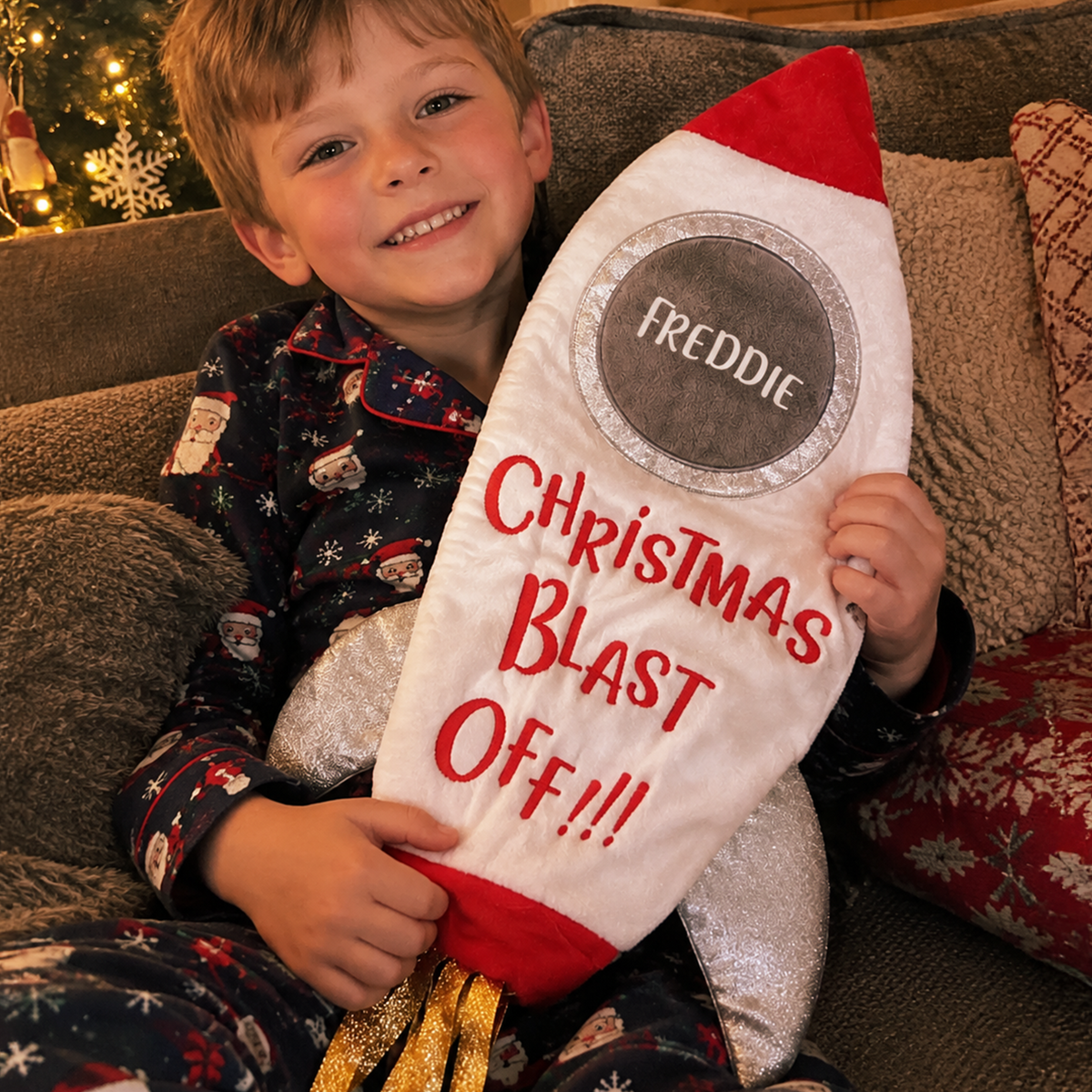 Personalised Blast Off Rocket Christmas Stocking